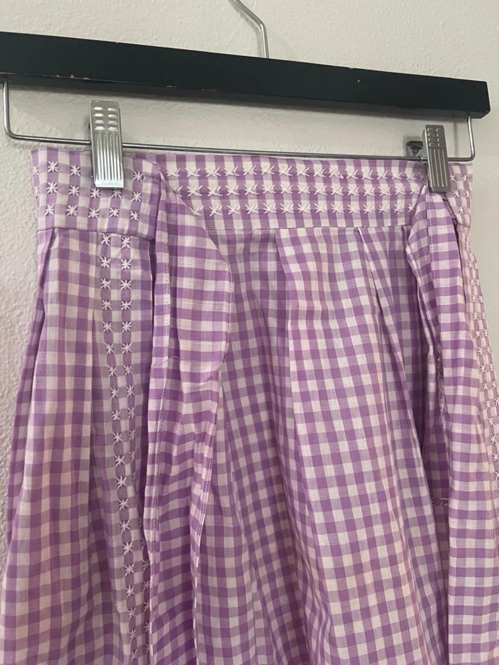 Vintage Lavender Gingham Handmade Apron with front pocket & cross stitch design